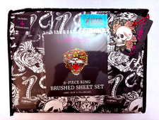 Ed Hardy 6 PCS KING Sheet Set Black w/White Tigers, Skulls, Cobras Tattoo Print
