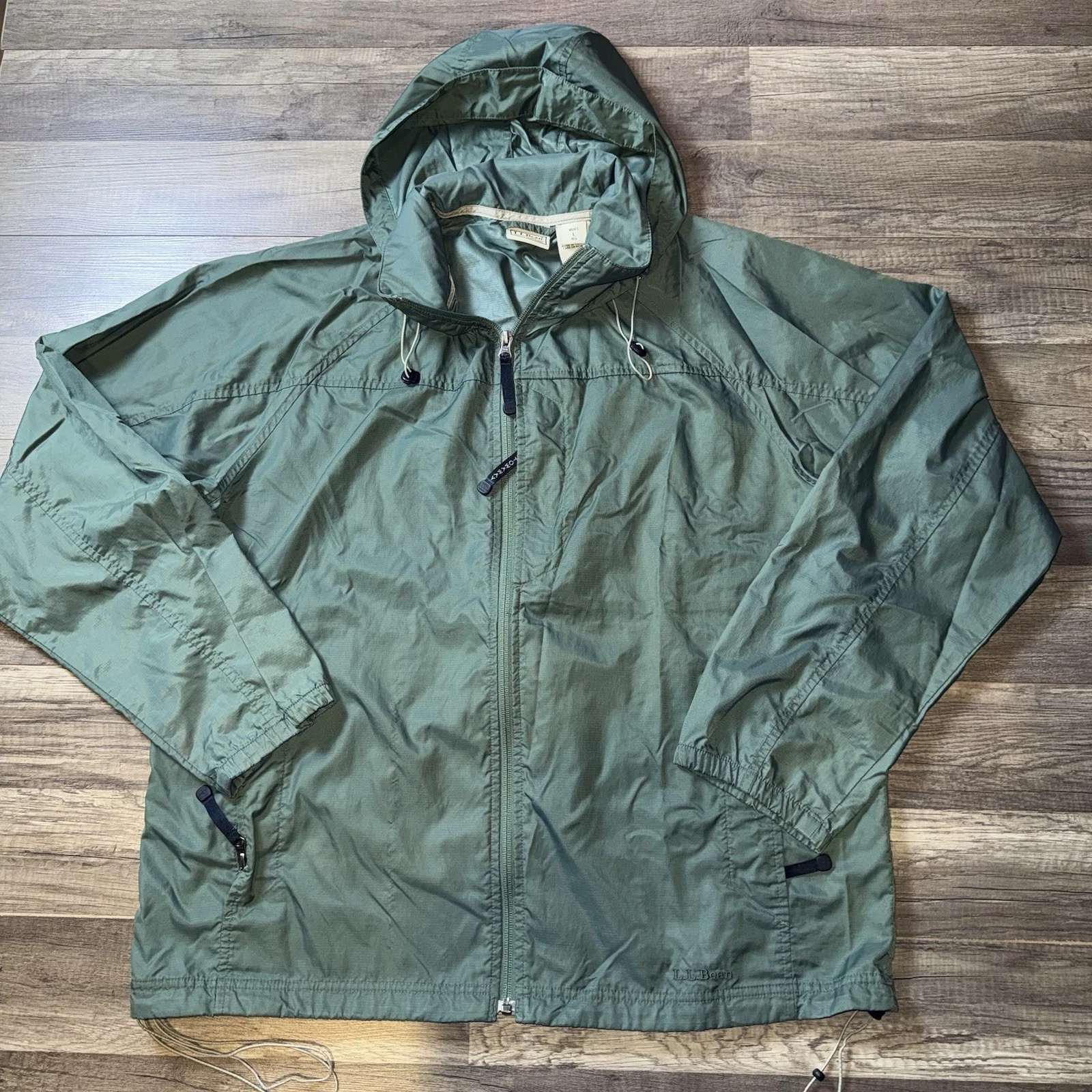 L.L.Bean Windbreaker Jacket Mens Large Green Hooded Nylon Lightweight Y2K Outdoo