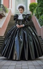 Shiny Black Gothic Victorian Wedding Dresses Ruched Long Sleeve Bustle Corset