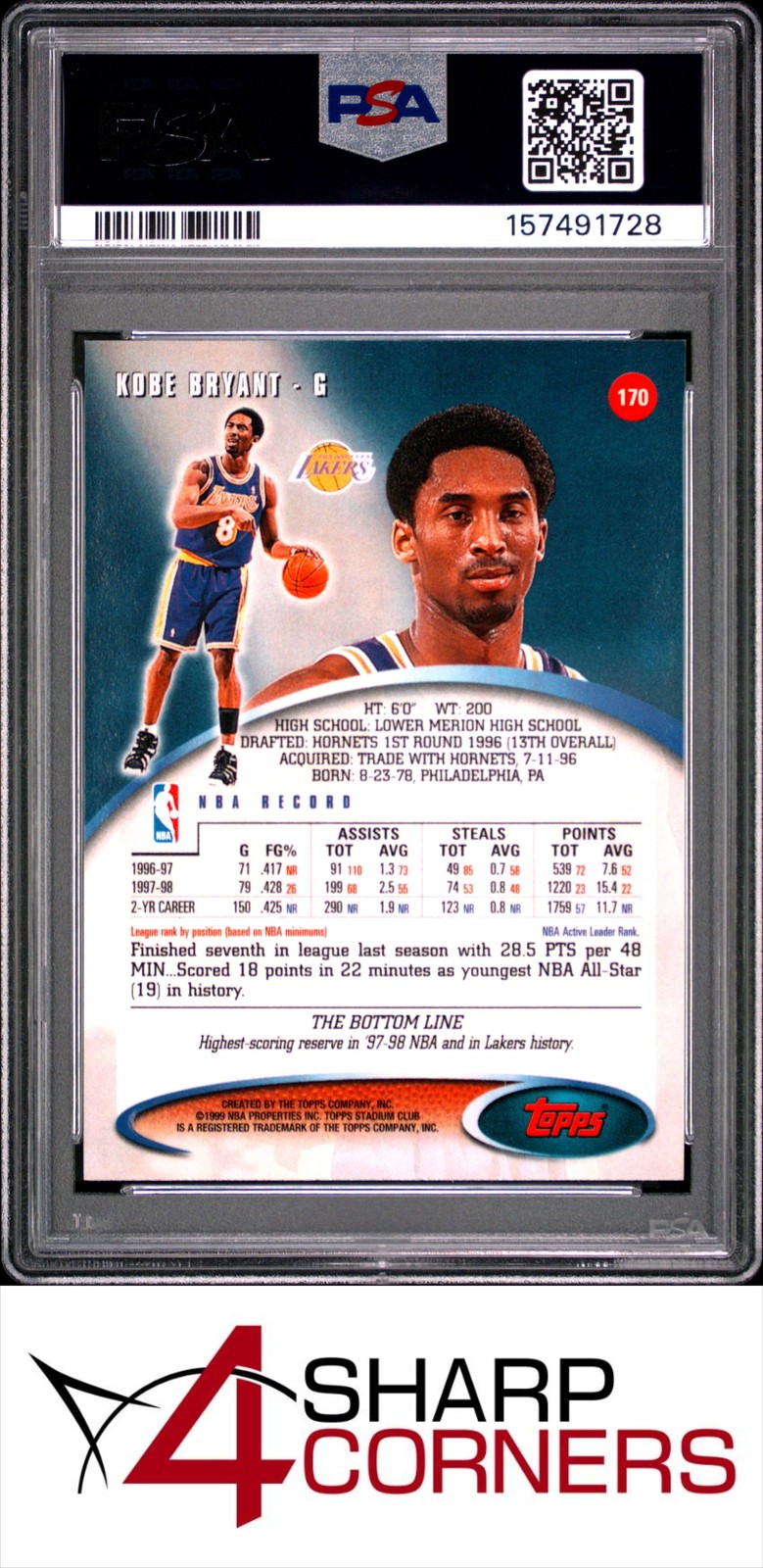 1998 STADIUM CLUB #170 KOBE BRYANT LAKERS HOF PSA 10 view 2