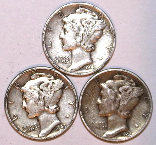 (3) Mercury Dimes - 1941 1943 1944 - Very Fine/XF - #2500AT - FREE SHIPPING
