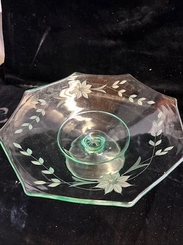 Vtg Green Depression Etched Dish Glass Pedestal