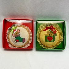 Vintage 1985 Giftco Heart Warmers Wood & Cloth 4" Ornaments Set of 2 Boxed