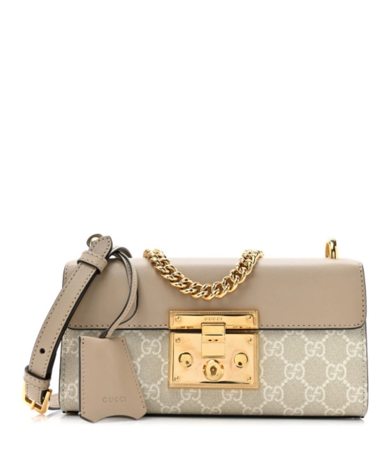 Mini sac à bandoulière cadenas GUCCI GG Supreme monogamie en veau beige mystique