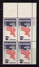 US USA Sc# 1249 MNH FVF PLATE # BLOCK Stars & Stripes Flag Register Vote