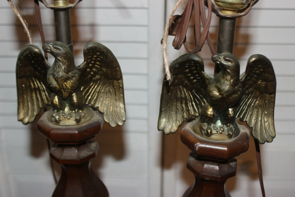 VINTAGE PAIR OF BRASS EAGLE LAMPS SOLID WOOD BODY BRASS BASE