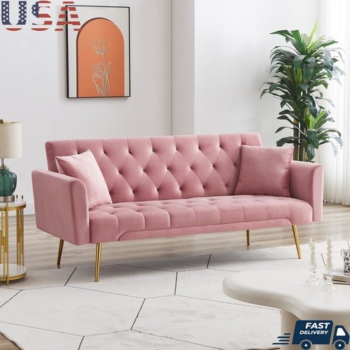 Convertible Velvet Futon Sofa Bed W/ Adjustable Backrest 2 Pillows Living Room