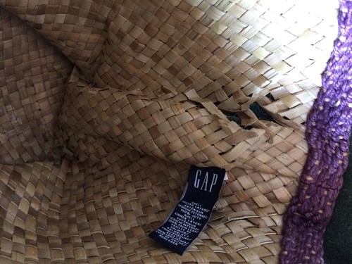 VINTAGE GAP WOVEN PALM JUTE + LEATHER HANDLES TOTE BEACH BAG BOHO - Picture 9 of 10