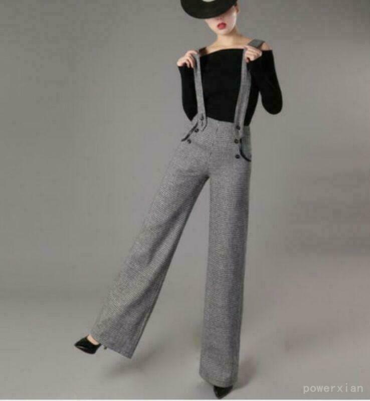 Plaids Women's Wide Leg Pants Suspenders Straight Trouser Empire Line  Fashion OL