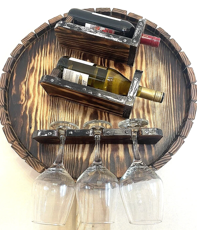 Rack de vinho com suporte de copo de taça rústico feito à mão de madeira - Imagem 3 de 4