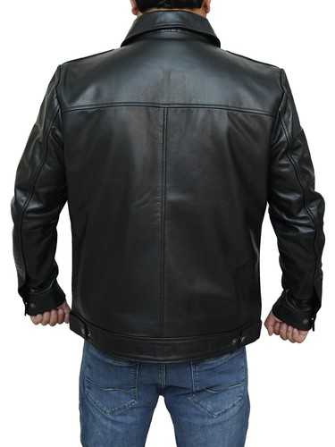 Men's New Stylish Moto Biker Trucker Racer Real Sheepskin Black Leather Jacket - Picture 8 of 9