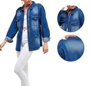 Women's Half Zipper Lightweight Cotton Distressed Oversize Denim Jean Jacket - Click1Get2 Sale