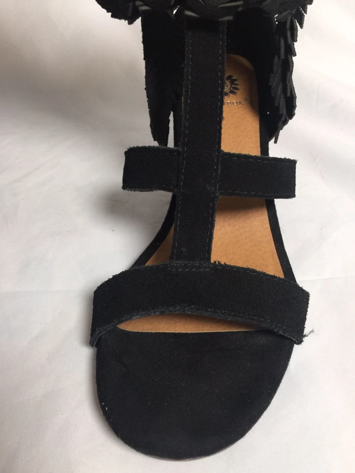 Sapatos femininos caixa amarela 8 penas de camurça preta biqueira aberta casual zíper cunhas - Imagem 4 de 4