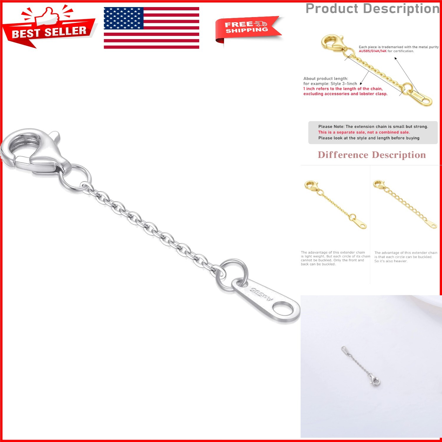 Premium 14k Gold Lobster Clasp Necklace Extender - Multiple Sizes Available