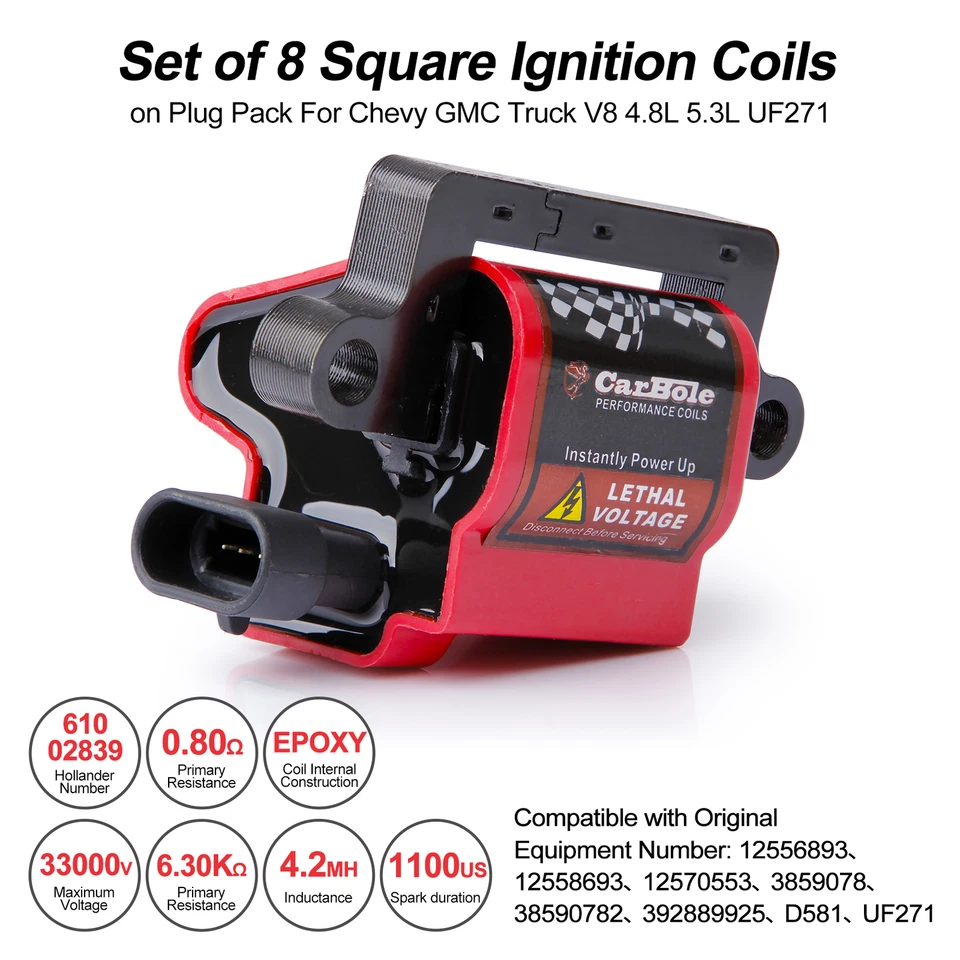 8 Pack Square Ignition Coil & Spark Plug Wire For Chevy GMC 4.8L 5.3L 6.0L 8.1L - Image 4 of 4