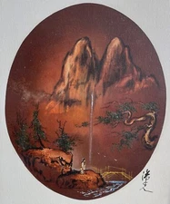 Vintage 1970s Landscape Figure Oil Painting Mid Century Modern Wall Art Signed