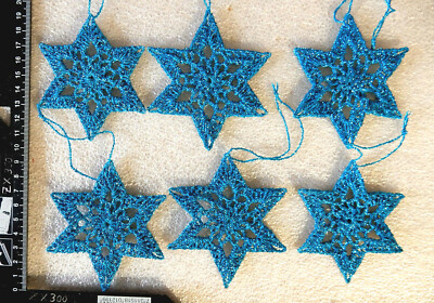 6 STERNE gehäkelt blau Madeira metallic Garn neu Handarbeit Anhänger Weihnachten