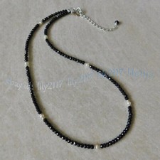 3mm Faceted Black Spinel Round Gems Beads Natural White Pearl Necklace 14-48inch