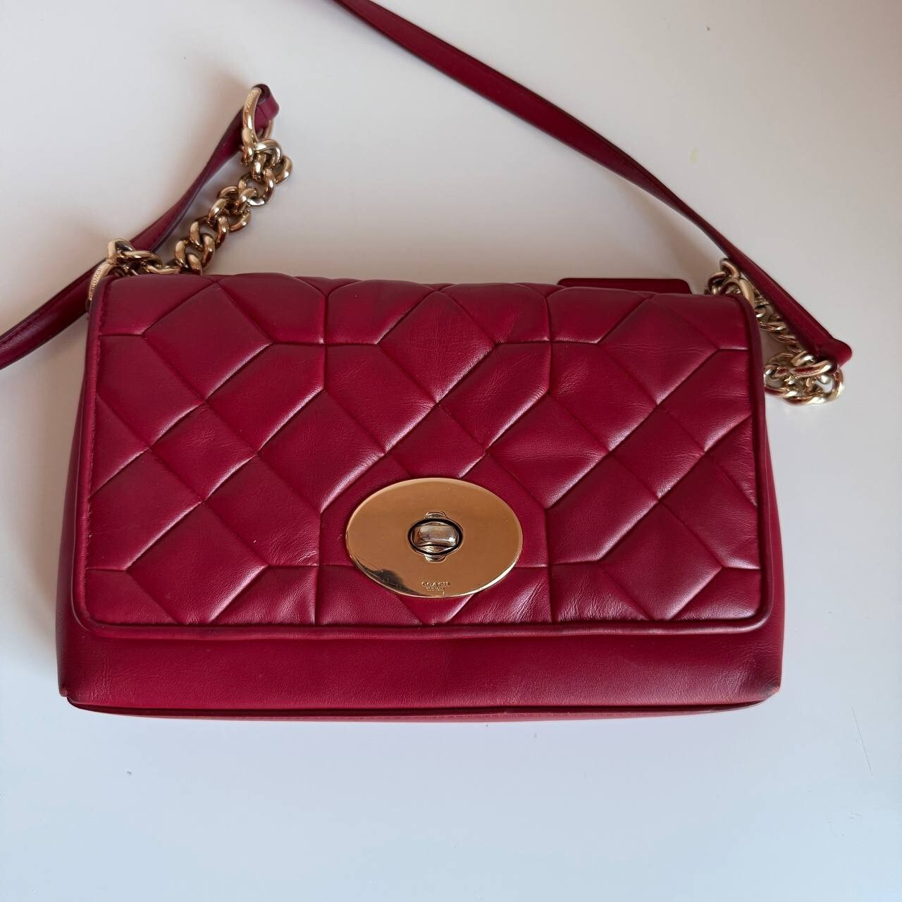 COACH Crosstown Quilted Leather Crossbody Bag in Red Canyon with Chain Detail