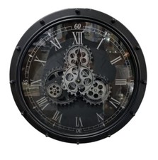 45cm Black & Gold/ Silver Analogue Wall Clock With Moving Gears, Vintage 
