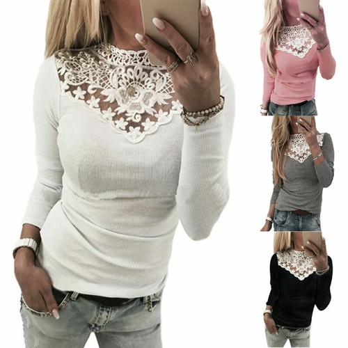 Women Lace Long Sleeve T-Shirt Blouse Pullover Autumn Bodycon Slim Fit Tee Tops - Bild 3 von 16
