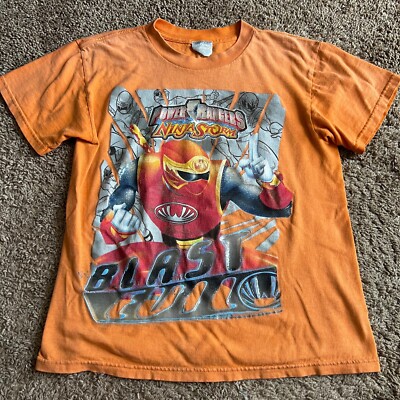 Vintage Y2K Boys Power Rangers Ninja Storm Graphic Tee Shirt Orange Size 10/12