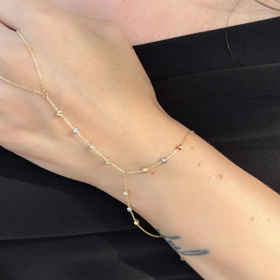 Multicolor Beaded Hand Chain Bracelet-  14K Gold Beaded Slave Bracelet For Women - Image 3 of 4