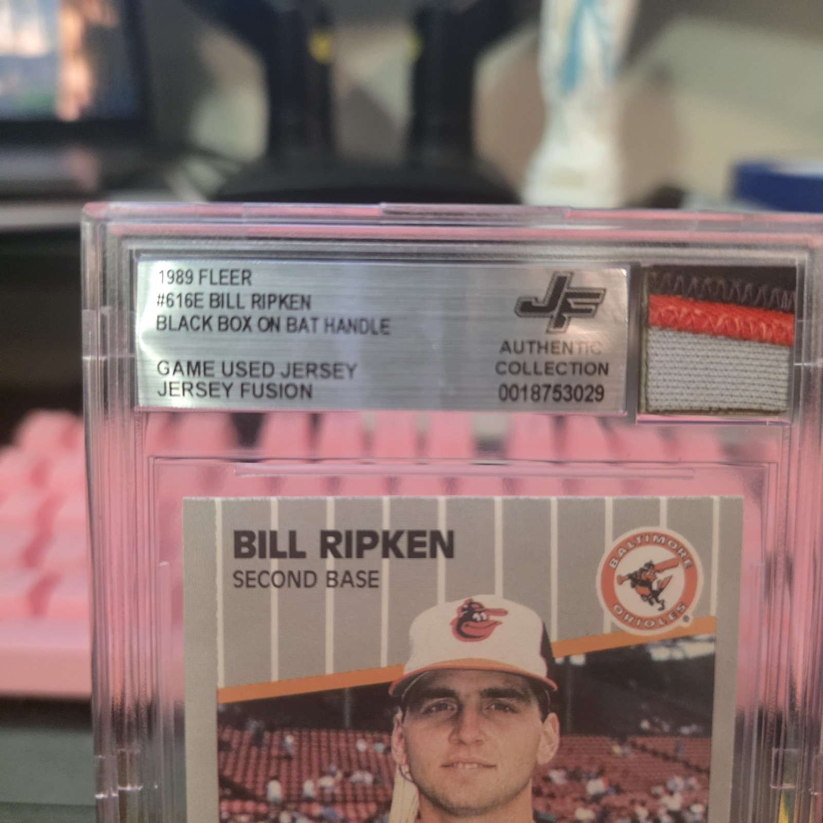 1989 Fleer Bill Ripken #616E Game Used Jersey Fusion Black Box Orioles BGS view 2