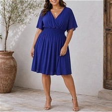 Draper James RSVP Navy Blue Smocked Waist Faux Wrap Deep V-Neck Flare Skirt XXL