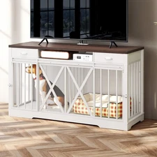 63 inch Wooden Double Dog Crate for 2 Dogs TV Stand Dog Kennel Sliding Barn Door