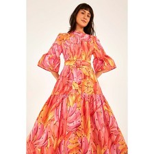 Farm Rio Bananas Midi Dress Womens XS Pink Ombre Orange Bell Sleeve Tiered Boho