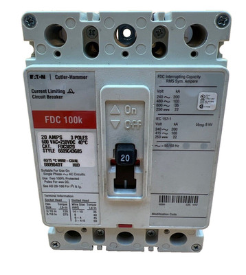Eaton FDC3020 Circuit Breaker 20A 3P 600V 3PH FDC 100k 20 Amp 3 Pole Used