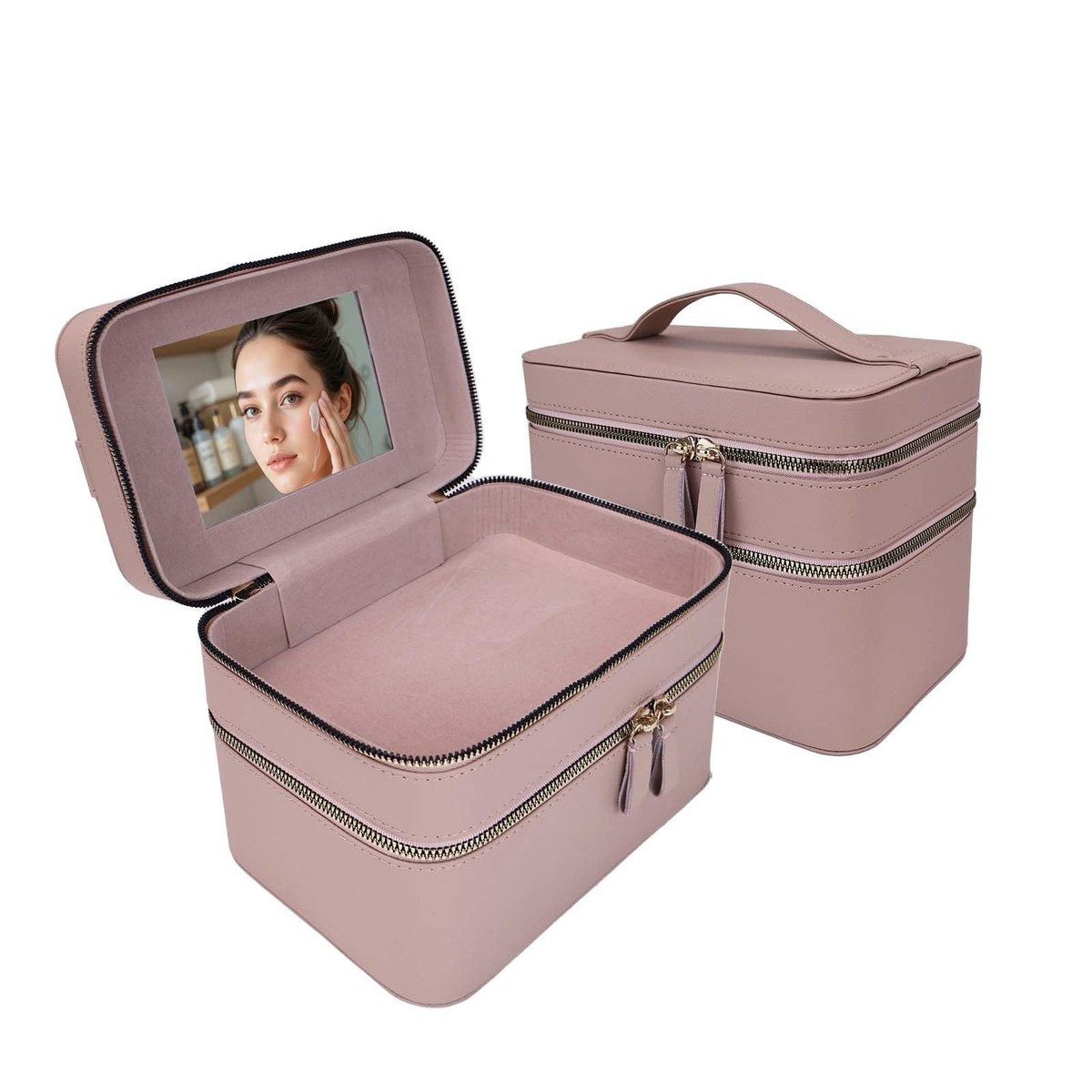 Hard Shell Double Layer Makeup Train Case with Mirror, Large