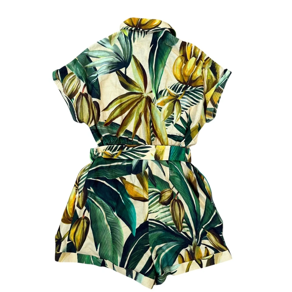 Mono mameluco tropical pequeño con estampado de hojas de plátano y cinturón FARM Rio para mujer Foto 3 de 4