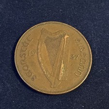 Ireland Penny Coin 1937 1d Pingin Irish Harp