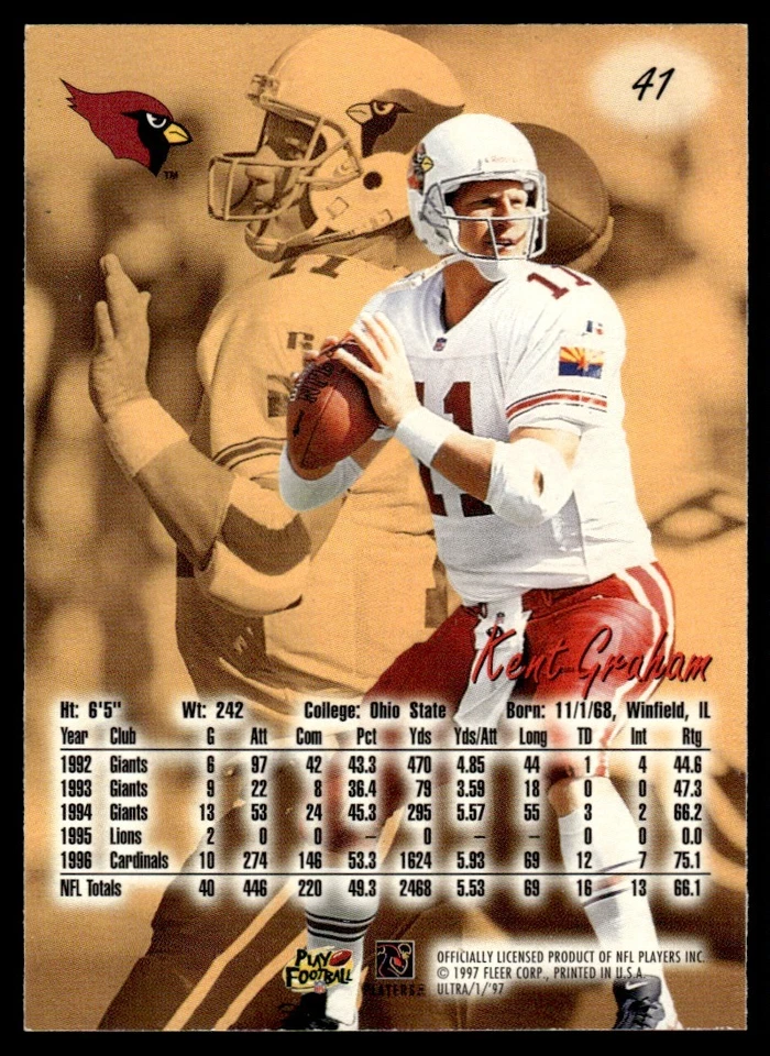 Kent Graham 1997 Ultra #41 Arizona Cardinals 31067 Football Card - Image 2 of 2