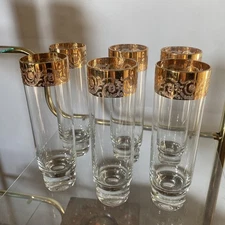 Set Of 6 VTG Italian Cellini Crystal Tom Collins Glasses 24K With Gold Rim