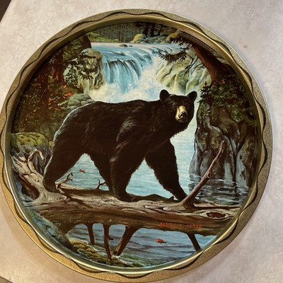 Vintage Metal Tray Black Bear Crossing River on Log by James L Artig. 