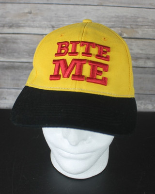 ''BITE ME'' Yellow and Black Baseball Hat Cap Strapback Canvas Made in U.S.A.