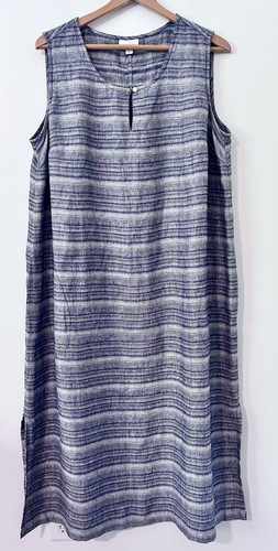 PureJill J Jill 100% Linen Size 1X Blue Striped Maxi Dress Pockets Slits Beach
