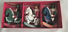 Holiday Traditions Set Of 3 Wooden Rocking Horse Nutcracker Ornaments 4" in Box