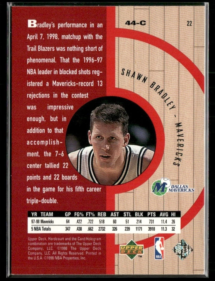 1998-99 UPPER DECK HARDCOURT SHAWN BRADLEY DALLAS MAVERICKS #22 - Image 2 of 3