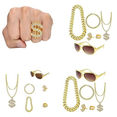 Fashionable 6PCS Dollar Sign Necklace and Rings Set Rapper Jewelry Set