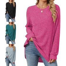 Women's Solid Color Round Neck Tops Loose Long Sleeves Sweater Tops Fall Casual