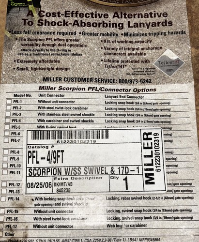 Miller Scorpion W/SS Swivel PFL-4/9FT NOS - New and Sealed But Old Stock - Picture 4 of 7