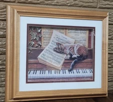 Framed 3D Picture Art Sleeping Cat Piano Music Artist Signed 1997