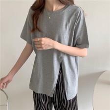Lady T-shirt Top Blouse Button Side Slit Pullover Short Sleeve Round Neck Casual