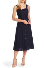 Vince Camuto Women's Navy Blue Sleeveless LINEN A Line Button Midi Dress Sz L