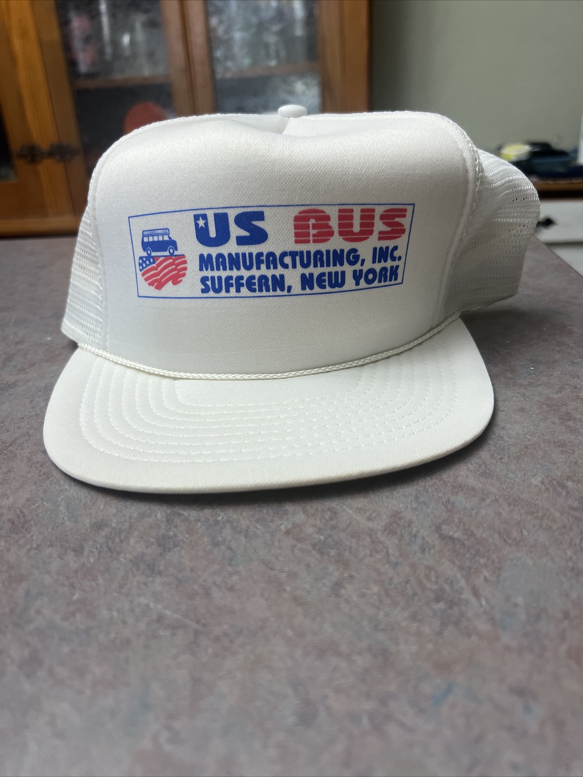 Vintage Us Bus Manufacturing Trucker  Hat Cap SnapBack White Mesh New York