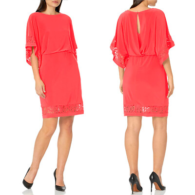 Jessica Howard Size 10 P Petite Coral Dress Lace Blouson Knee Elbow Sleeve  B24 | eBay
